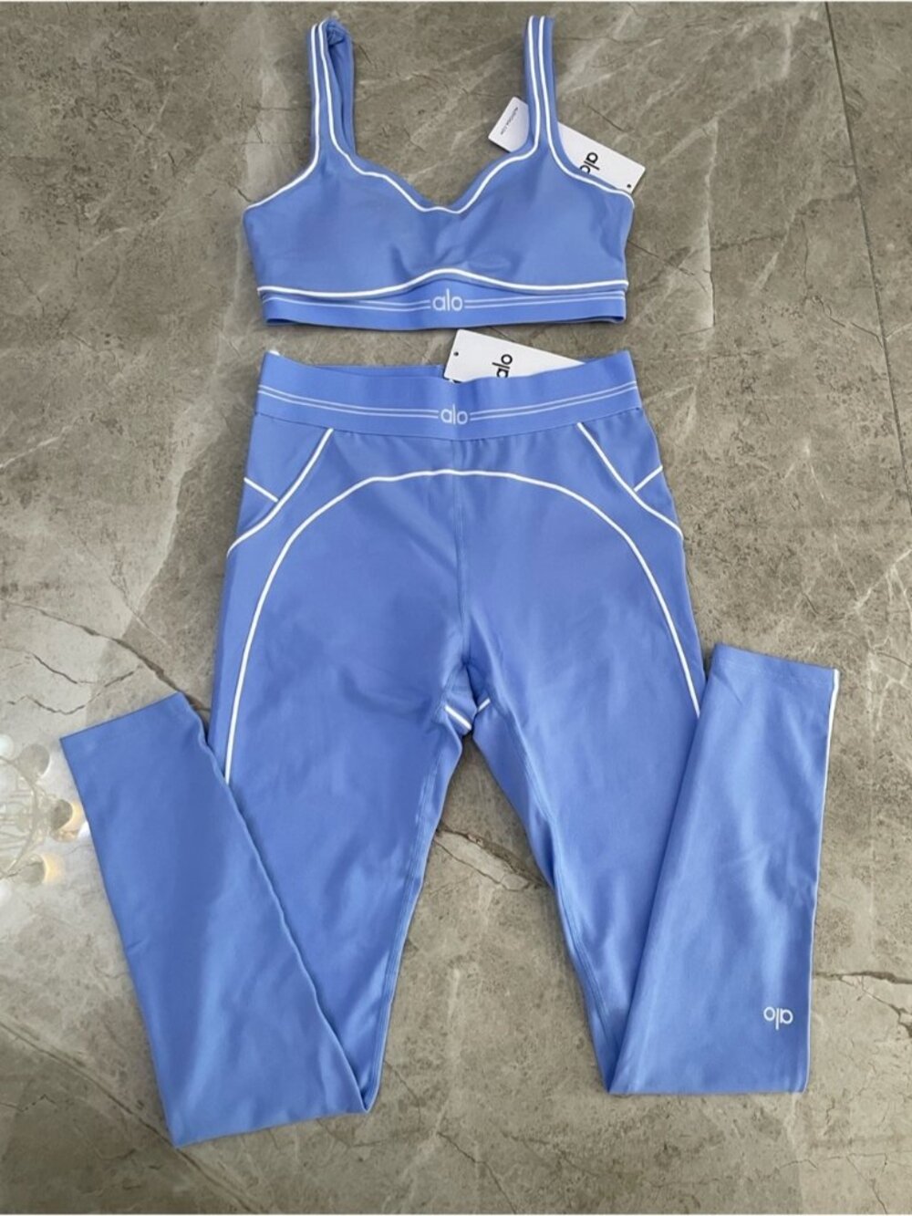 ALO Yoga Lavender-Blue High-Rise Leggings with White Piping